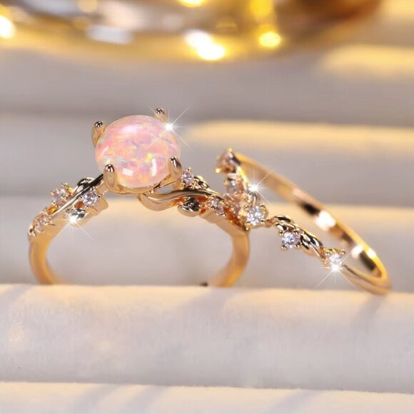 NEW 14k Gold Opal Diamond Ring Band Set of 2 Rings - Picture 5 of 6